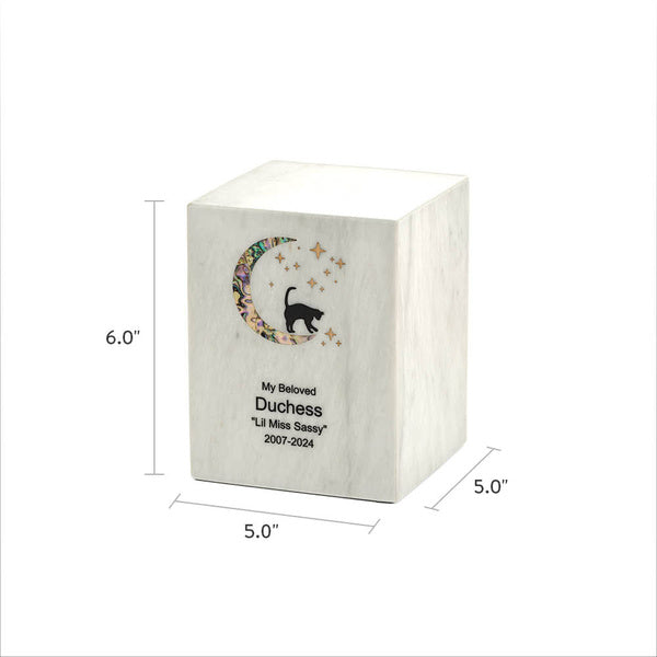 Monumental Memorials Cat & Moon Pink Inlay White Small Cremation Urn-Cremation Urns-Terrybear-Afterlife Essentials