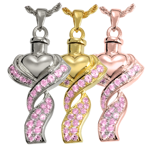 Ribboned Heart Pink Stones Cremation Jewelry-Jewelry-New Memorials-Afterlife Essentials