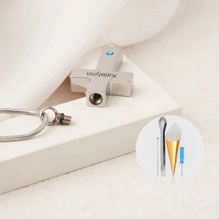 Birthstone Cross Memorial Necklace Cremation Jewelry-Jewelry-Anavia-Afterlife Essentials