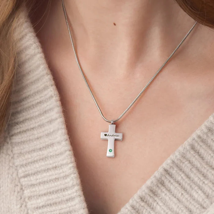 Birthstone Cross Memorial Necklace Cremation Jewelry-Jewelry-Anavia-Afterlife Essentials