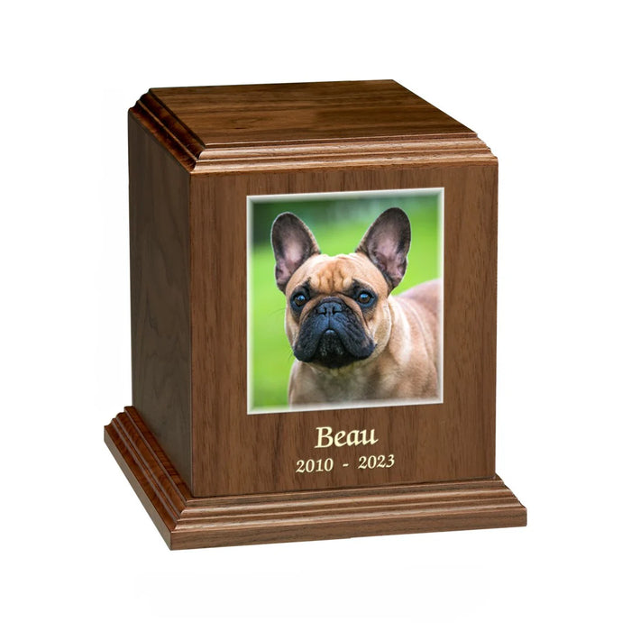 Premier Laser Texture Photo Urns 40 cu. in.-Cremation Urns-Infinity Pet Urns-Walnut-Afterlife Essentials