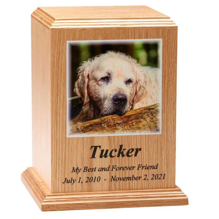 Premier Laser Texture Photo Cremation Urn 150 cu. in.-Cremation Urns-Infinity Pet Urns-Oak-Afterlife Essentials