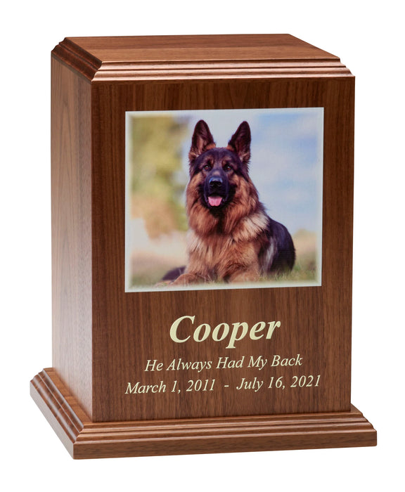 Premier Laser Texture Photo Cremation Urn 150 cu. in.-Cremation Urns-Infinity Pet Urns-Walnut-Afterlife Essentials