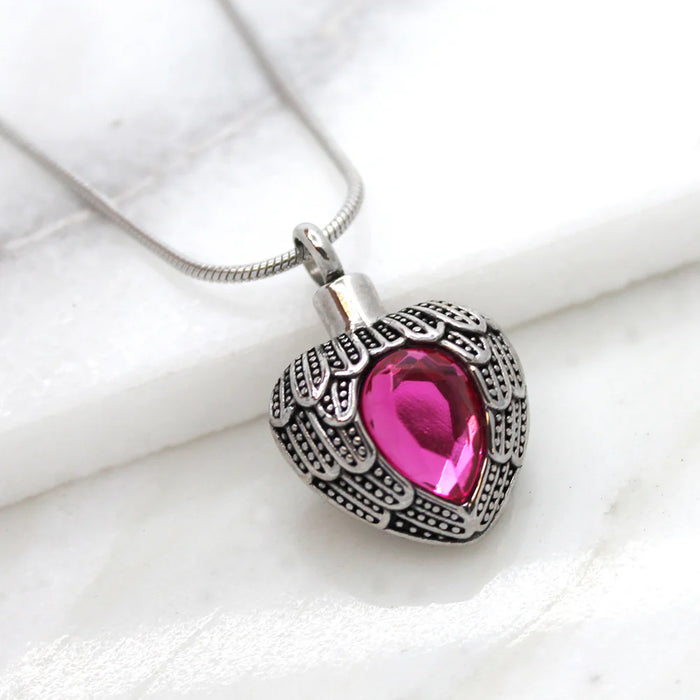 Angel Wing Birthstone Heart Memorial Necklace-Jewelry-Anavia-Afterlife Essentials