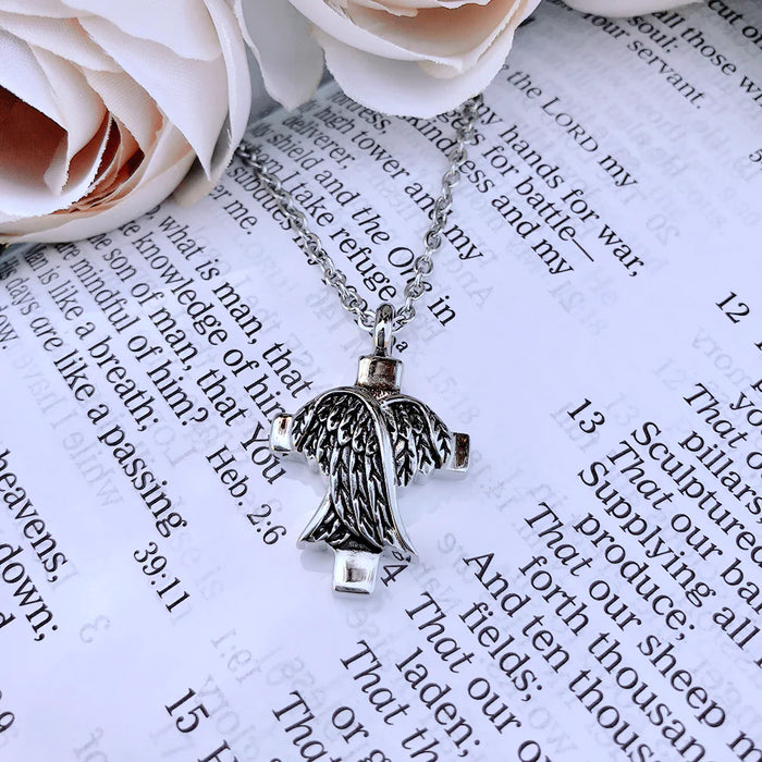 Angel Wings Cross Memorial Necklace Cremation Jewelry-Jewelry-Anavia-Afterlife Essentials