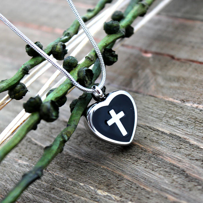 Cross on Black Heart Memorial Necklace Cremation Jewelry-Jewelry-Anavia-Afterlife Essentials