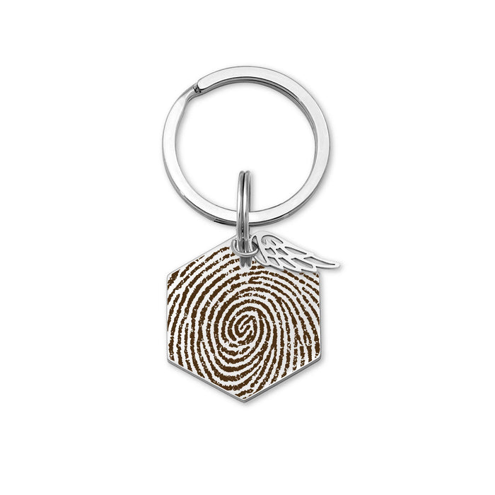 Fingerprint Hexagon Memorial Key Chain with Angel Wing Charm-Jewelry-Anavia-Afterlife Essentials