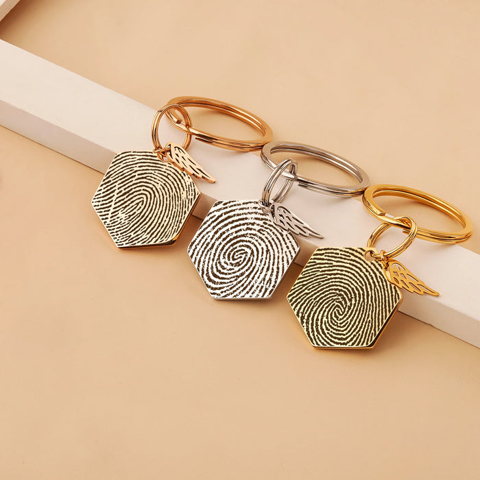 Fingerprint Hexagon Memorial Key Chain with Angel Wing Charm-Jewelry-Anavia-Afterlife Essentials