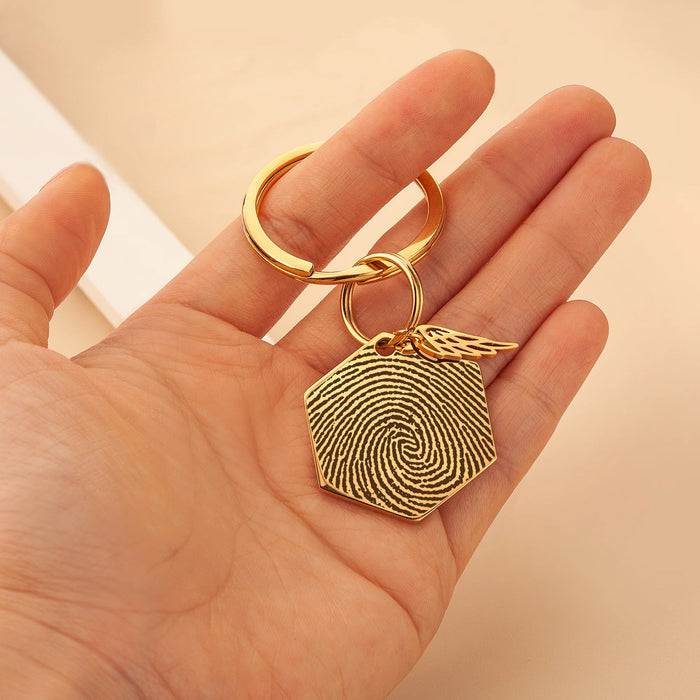 Fingerprint Hexagon Memorial Key Chain with Angel Wing Charm-Jewelry-Anavia-Afterlife Essentials