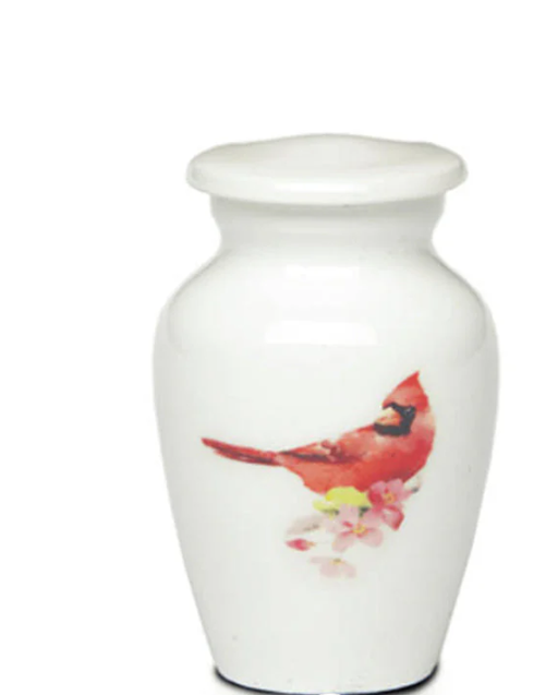 Keepsake-Alloy Urn-white with Red Cardinal-Cremation Urns-Bogati-Afterlife Essentials