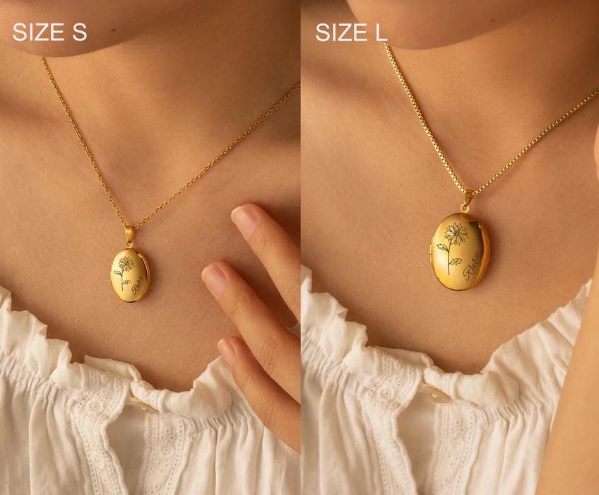 Oval Birth Flower and Name Photo Locket Necklace-Jewelry-Anavia-Afterlife Essentials
