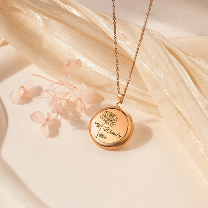 Round Birth Flower and Name Photo Locket Necklace-Jewelry-Anavia-Afterlife Essentials