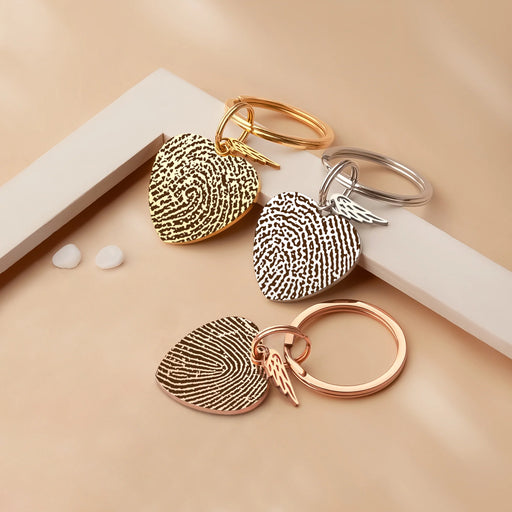 Fingerprint Heart Memorial Key Chain with Angel Wing Charm-Jewelry-Anavia-Afterlife Essentials