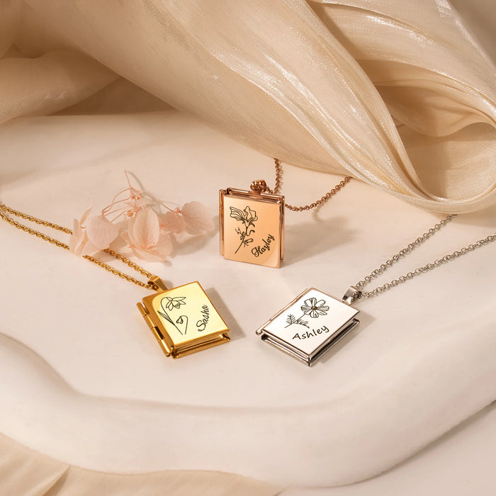 Square Birth Flower and Name Photo Locket Necklace-Jewelry-Anavia-Afterlife Essentials