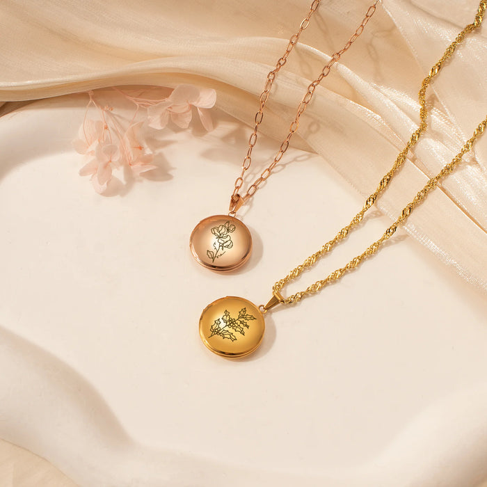 Round Birth Flower Photo Locket Necklace-Jewelry-Anavia-Afterlife Essentials