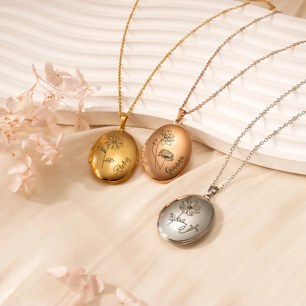 Oval Birth Flower and Name Photo Locket Necklace — Afterlife Essentials