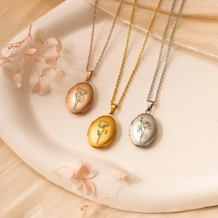 Oval Birth Flower Photo Locket Necklace-Jewelry-Anavia-Afterlife Essentials