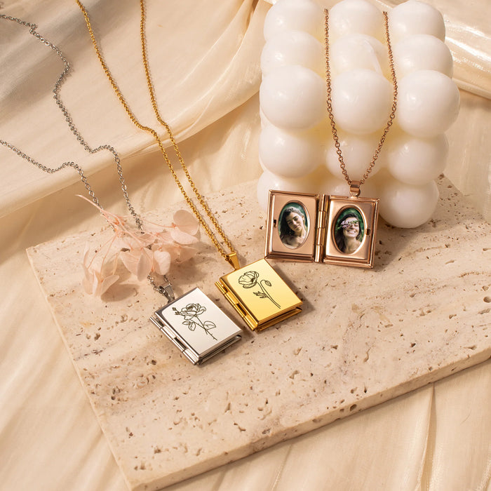 Square Birth Flower Photo Locket Necklace-Jewelry-Anavia-Afterlife Essentials