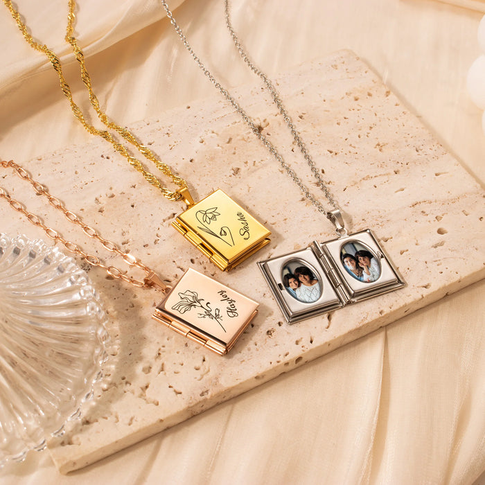 Square Birth Flower and Name Photo Locket Necklace-Jewelry-Anavia-Afterlife Essentials