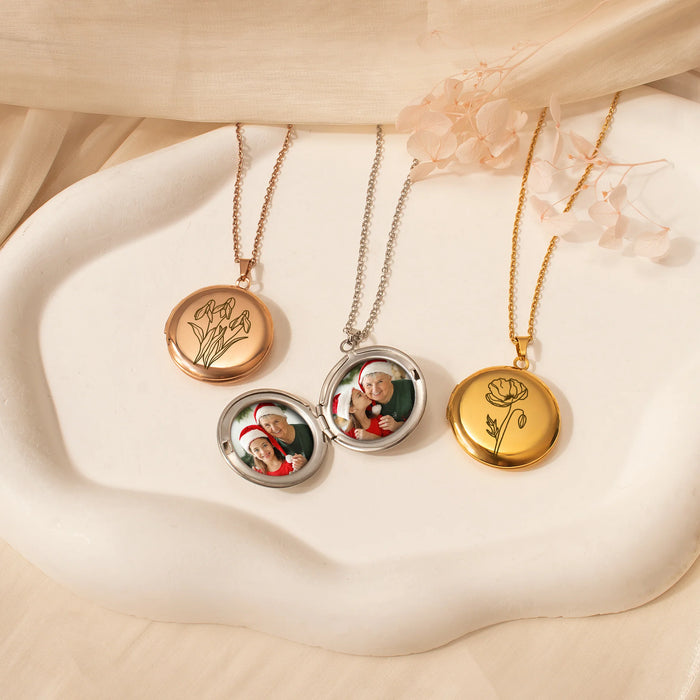Round Birth Flower Photo Locket Necklace-Jewelry-Anavia-Afterlife Essentials