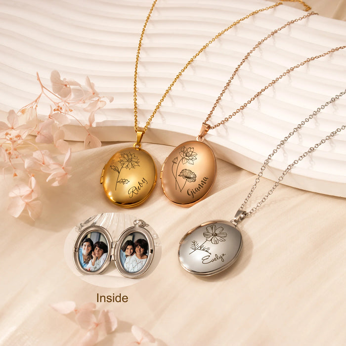 Oval Birth Flower and Name Photo Locket Necklace-Jewelry-Anavia-Afterlife Essentials