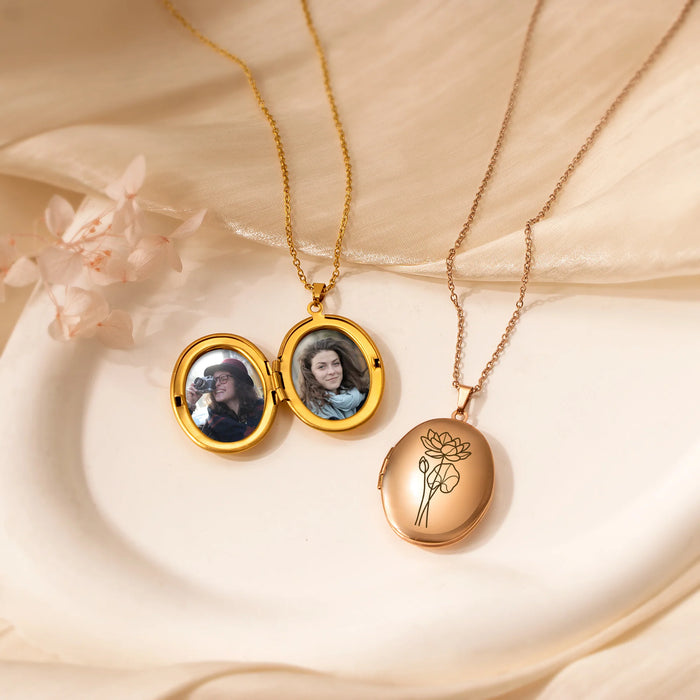 Oval Birth Flower Photo Locket Necklace-Jewelry-Anavia-Afterlife Essentials