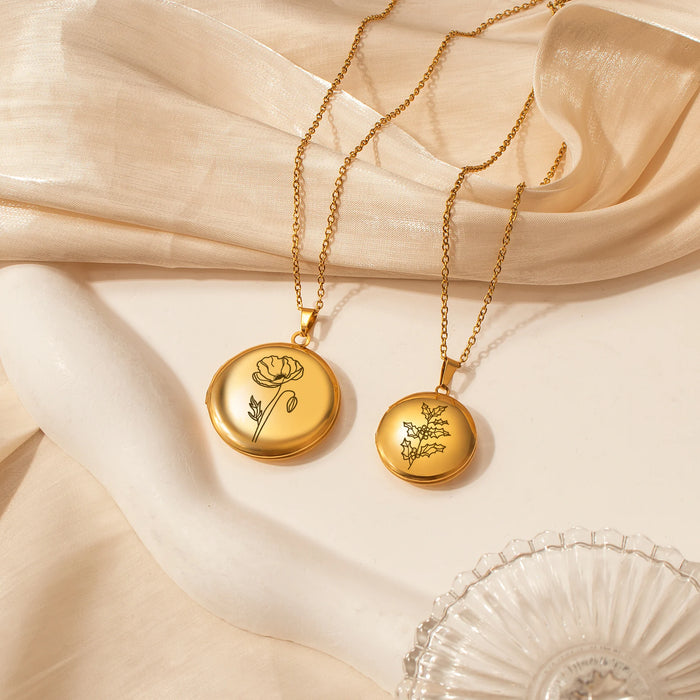 Round Birth Flower Photo Locket Necklace-Jewelry-Anavia-Afterlife Essentials