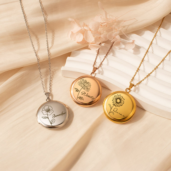 Round Birth Flower and Name Photo Locket Necklace-Jewelry-Anavia-Afterlife Essentials