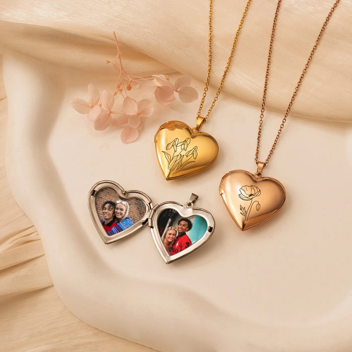 Birth Flower Heart Photo Locket Necklace-Jewelry-Anavia-Afterlife Essentials