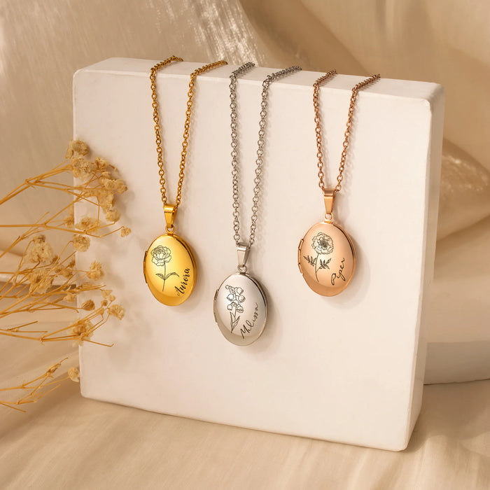 Oval Birth Flower and Name Photo Locket Necklace-Jewelry-Anavia-Afterlife Essentials