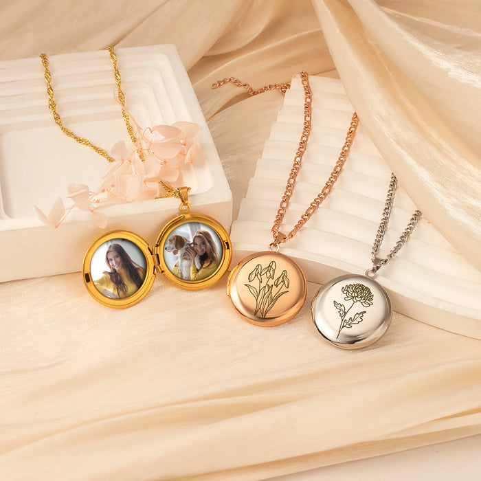 Round Birth Flower Photo Locket Necklace-Jewelry-Anavia-Afterlife Essentials