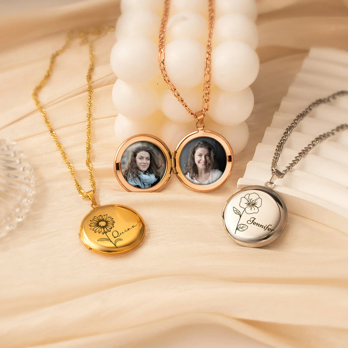 Round Birth Flower and Name Photo Locket Necklace-Jewelry-Anavia-Afterlife Essentials