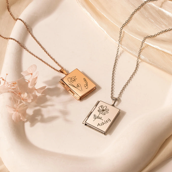 Square Birth Flower and Name Photo Locket Necklace-Jewelry-Anavia-Afterlife Essentials