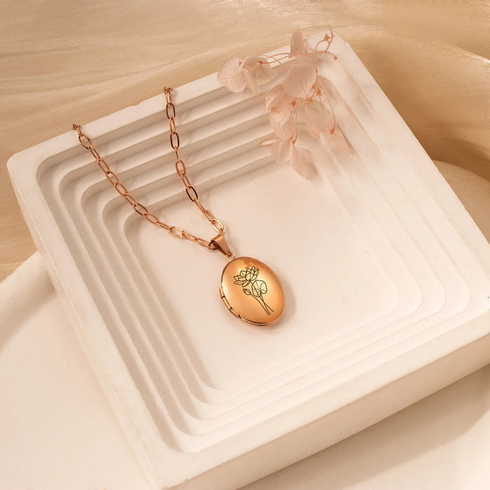 Oval Birth Flower Photo Locket Necklace-Jewelry-Anavia-Afterlife Essentials