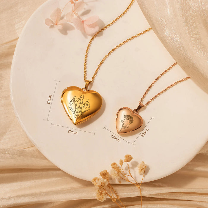 Birth Flower Heart Photo Locket Necklace-Jewelry-Anavia-Afterlife Essentials