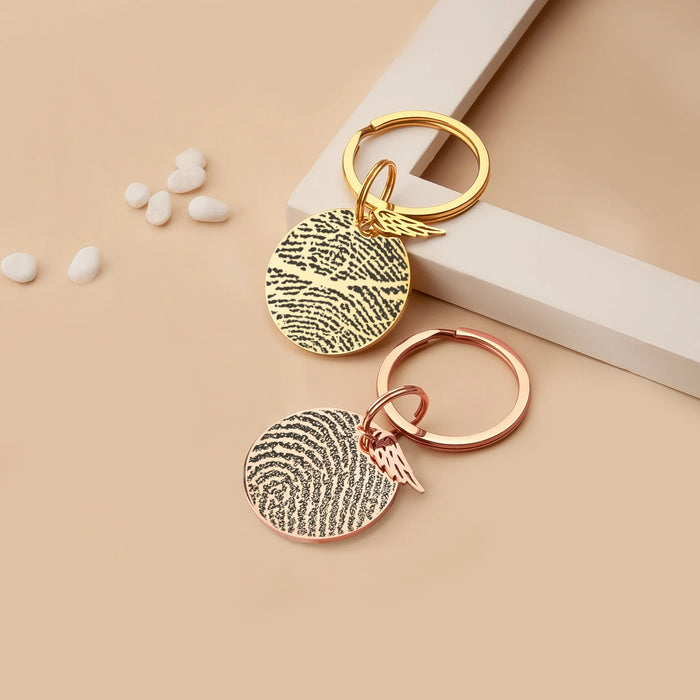 Fingerprint Round Memorial Key Chain with Angel Wing Charm-Jewelry-Anavia-Afterlife Essentials