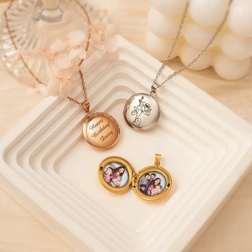 Round Birth Flower Photo Locket Necklace-Jewelry-Anavia-Afterlife Essentials