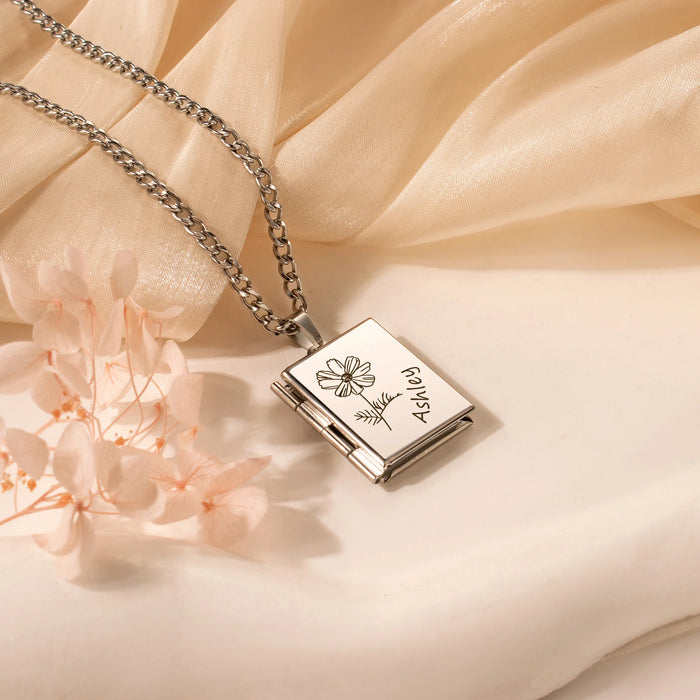 Square Birth Flower and Name Photo Locket Necklace-Jewelry-Anavia-Afterlife Essentials