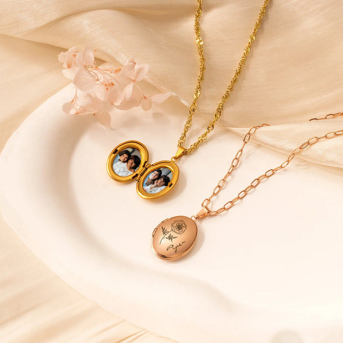 Oval Birth Flower and Name Photo Locket Necklace-Jewelry-Anavia-Afterlife Essentials