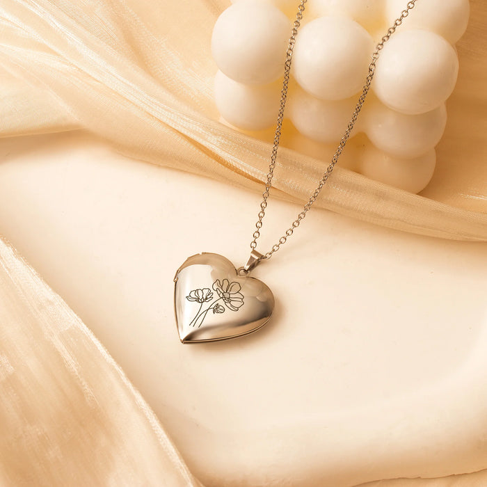 Birth Flower Heart Photo Locket Necklace-Jewelry-Anavia-Afterlife Essentials