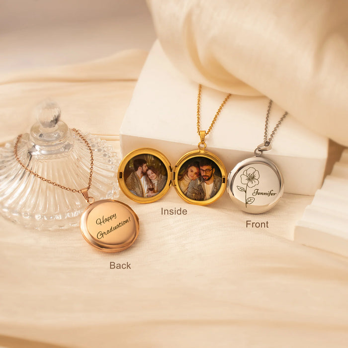 Round Birth Flower and Name Photo Locket Necklace-Jewelry-Anavia-Afterlife Essentials