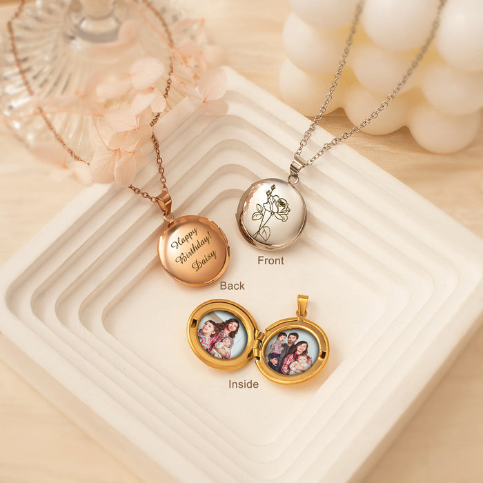 Round Birth Flower Photo Locket Necklace-Jewelry-Anavia-Afterlife Essentials