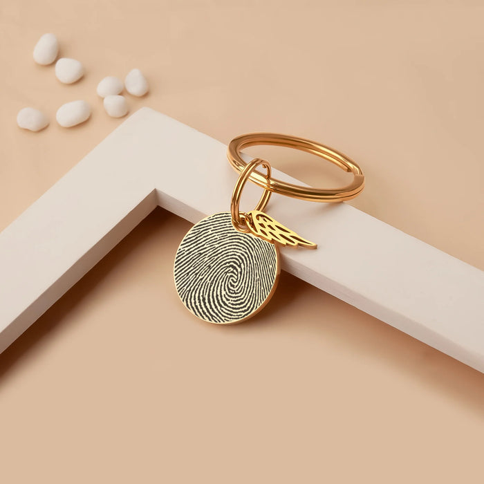 Fingerprint Round Memorial Key Chain with Angel Wing Charm-Jewelry-Anavia-Afterlife Essentials