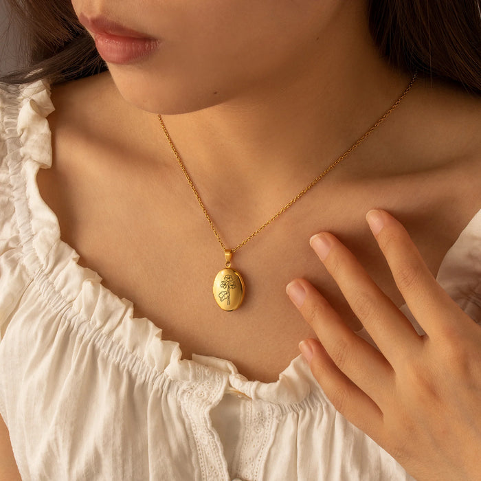 Oval Birth Flower Photo Locket Necklace-Jewelry-Anavia-Afterlife Essentials