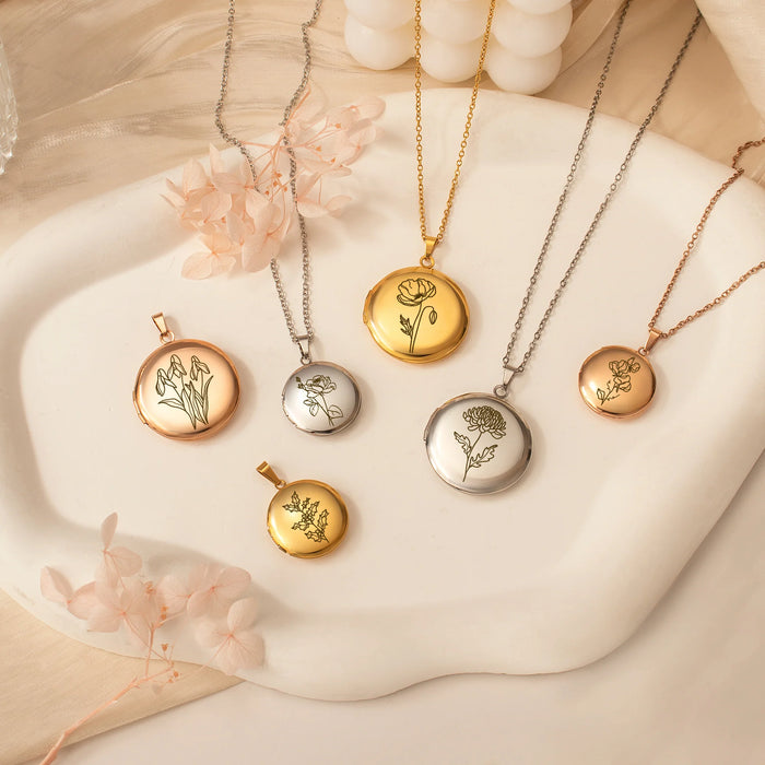 Round Birth Flower Photo Locket Necklace-Jewelry-Anavia-Afterlife Essentials
