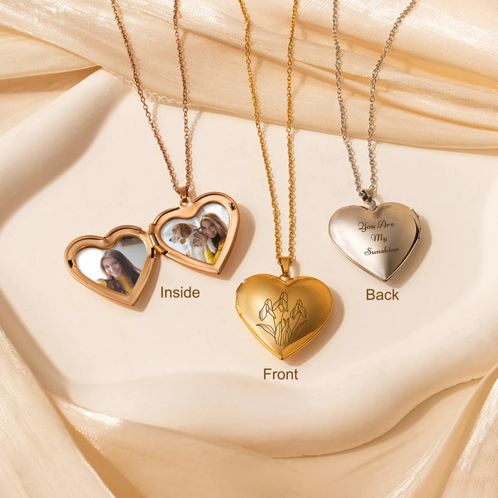 Birth Flower Heart Photo Locket Necklace-Jewelry-Anavia-Afterlife Essentials
