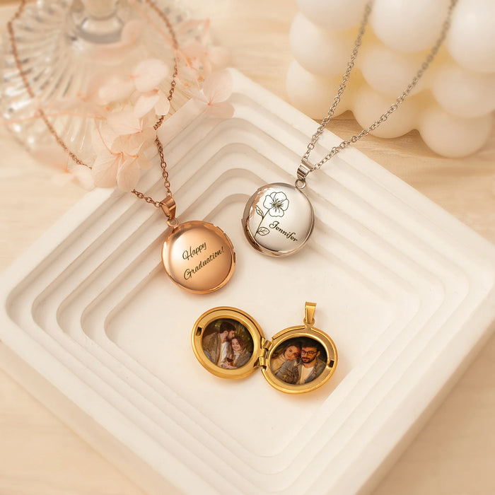 Round Birth Flower and Name Photo Locket Necklace-Jewelry-Anavia-Afterlife Essentials