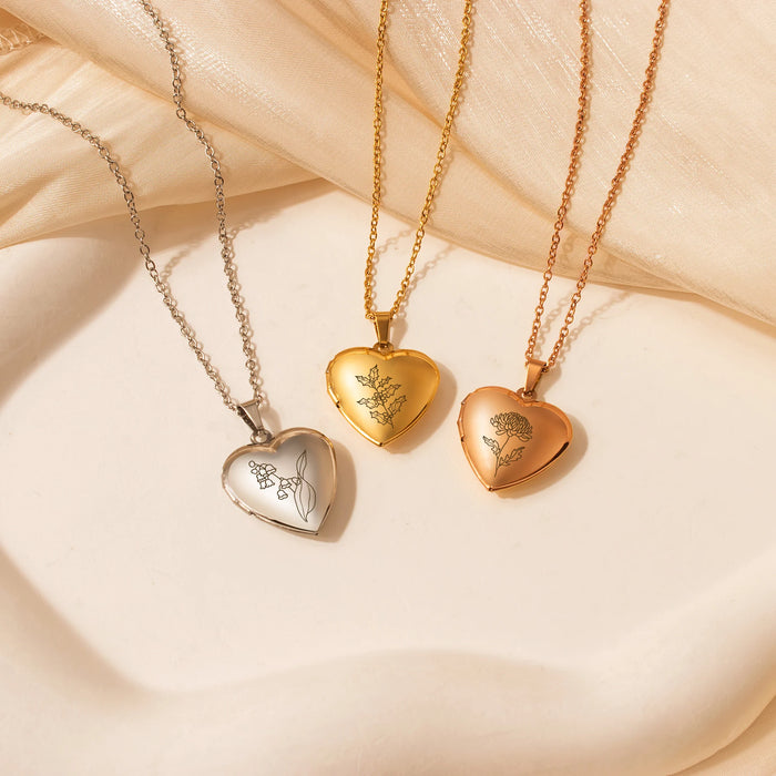 Birth Flower Heart Photo Locket Necklace-Jewelry-Anavia-Afterlife Essentials