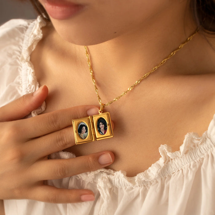 Square Birth Flower and Name Photo Locket Necklace-Jewelry-Anavia-Afterlife Essentials