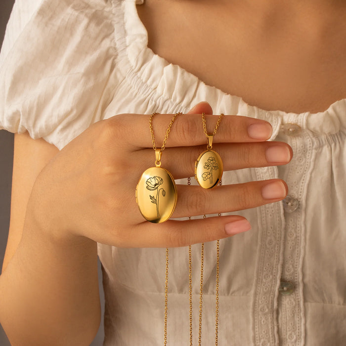 Oval Birth Flower Photo Locket Necklace-Jewelry-Anavia-Afterlife Essentials